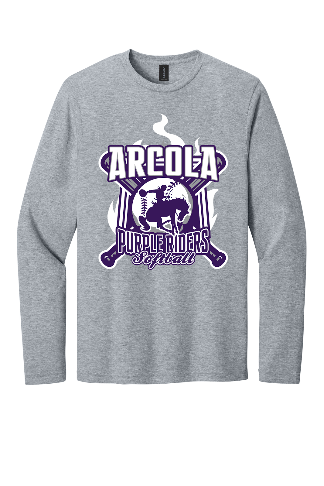 Arcola Purple Riders - Softball - Design 05 - Long Sleeve T - Gildan 64400 - Sport Grey - Flat Front