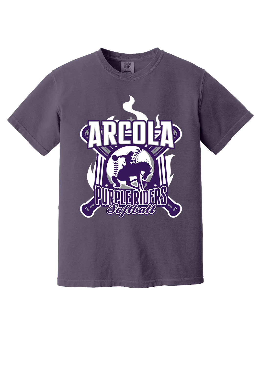 Arcola Purple Riders - Softball - Design 05 - T-Shirt - Comfort Colors 1717 - Wine - Flat Front