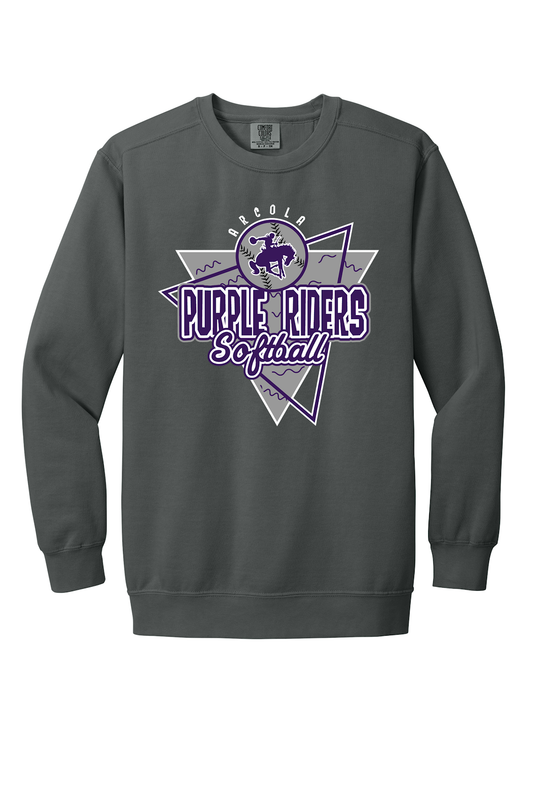 Arcola Purple Riders - Softball - Design 01 - Crewneck Sweatshirt - Comfort Colors 1566 - Pepper - Flat Front