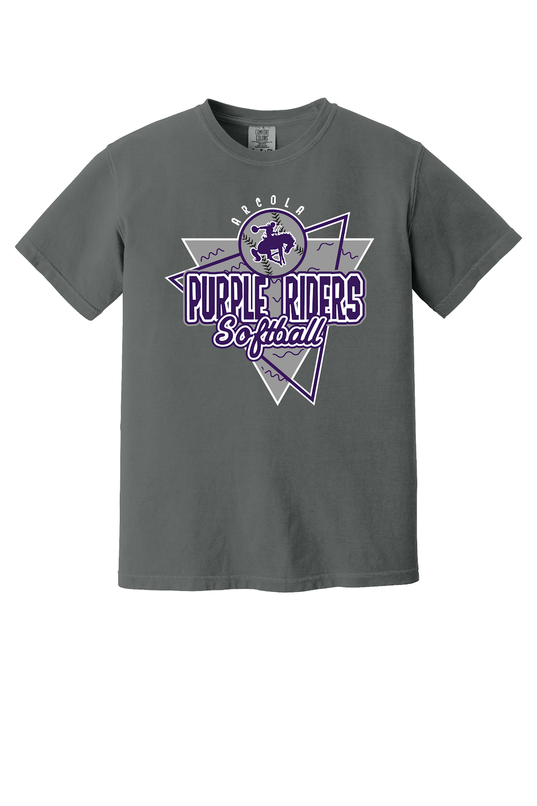 Arcola Purple Riders - Softball - Design 01 - T-Shirt - Comfort Colors 1717 - Pepper - Flat Front