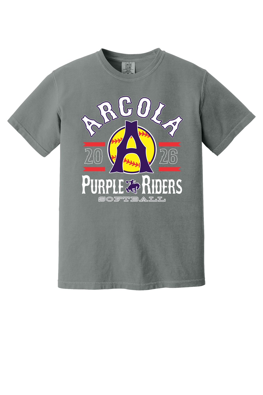 Arcola Purple Riders - Softball - Design 04 - T-Shirt - Comfort Colors 1717 - Grey - Flat Front