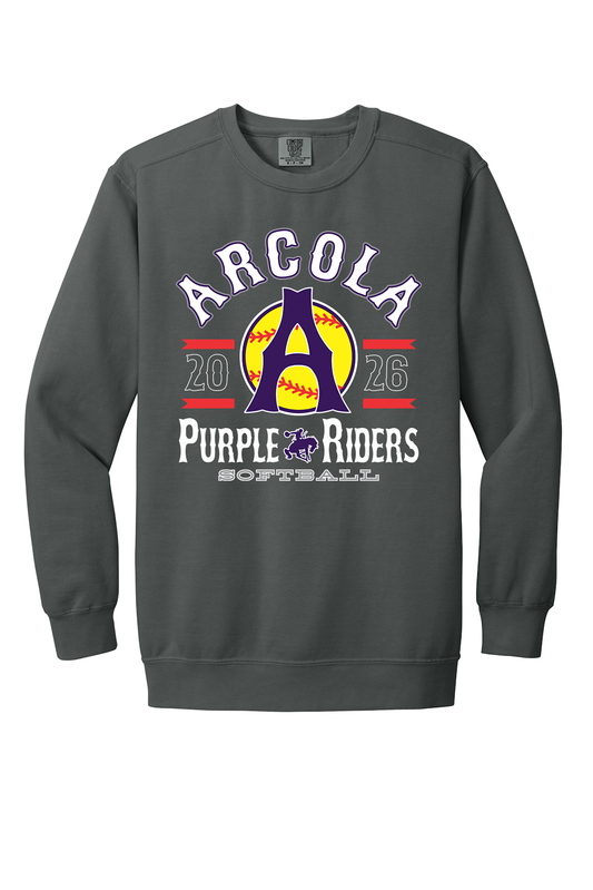 Arcola Purple Riders - Softball - Design 04 - Crewneck Sweatshirt - Comfort Colors 1566 - Pepper - Flat Front