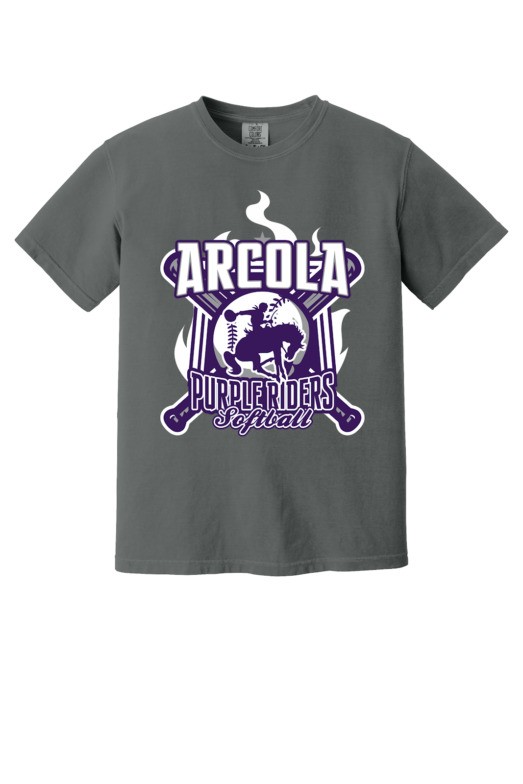 Arcola Purple Riders - Softball - Design 05 - T-Shirt - Comfort Colors 1717 - Pepper - Flat Front