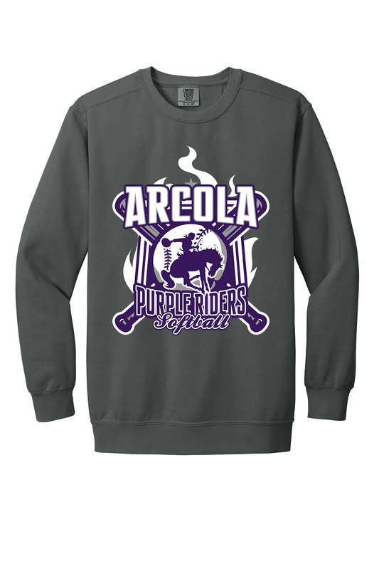 Arcola Purple Riders - Softball - Design 05 - Crewneck Sweatshirt - Comfort Colors 1566 - Pepper - Flat Front