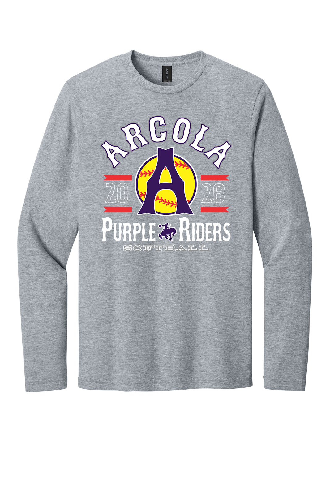 Arcola Purple Riders - Softball - Design 04 - Long Sleeve T - Gildan 64400 - Sport Grey - Flat Front