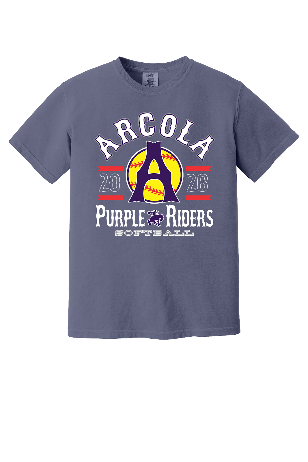 Arcola Purple Riders - Softball - Design 04 - T-Shirt - Comfort Colors 1717 - Grape - Flat Front