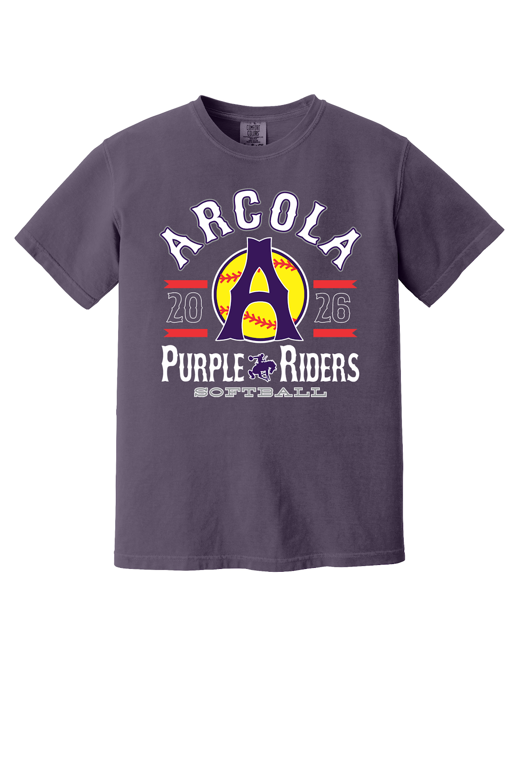 Arcola Purple Riders - Softball - Design 04 - T-Shirt - Comfort Colors 1717 - Wine - Flat Front