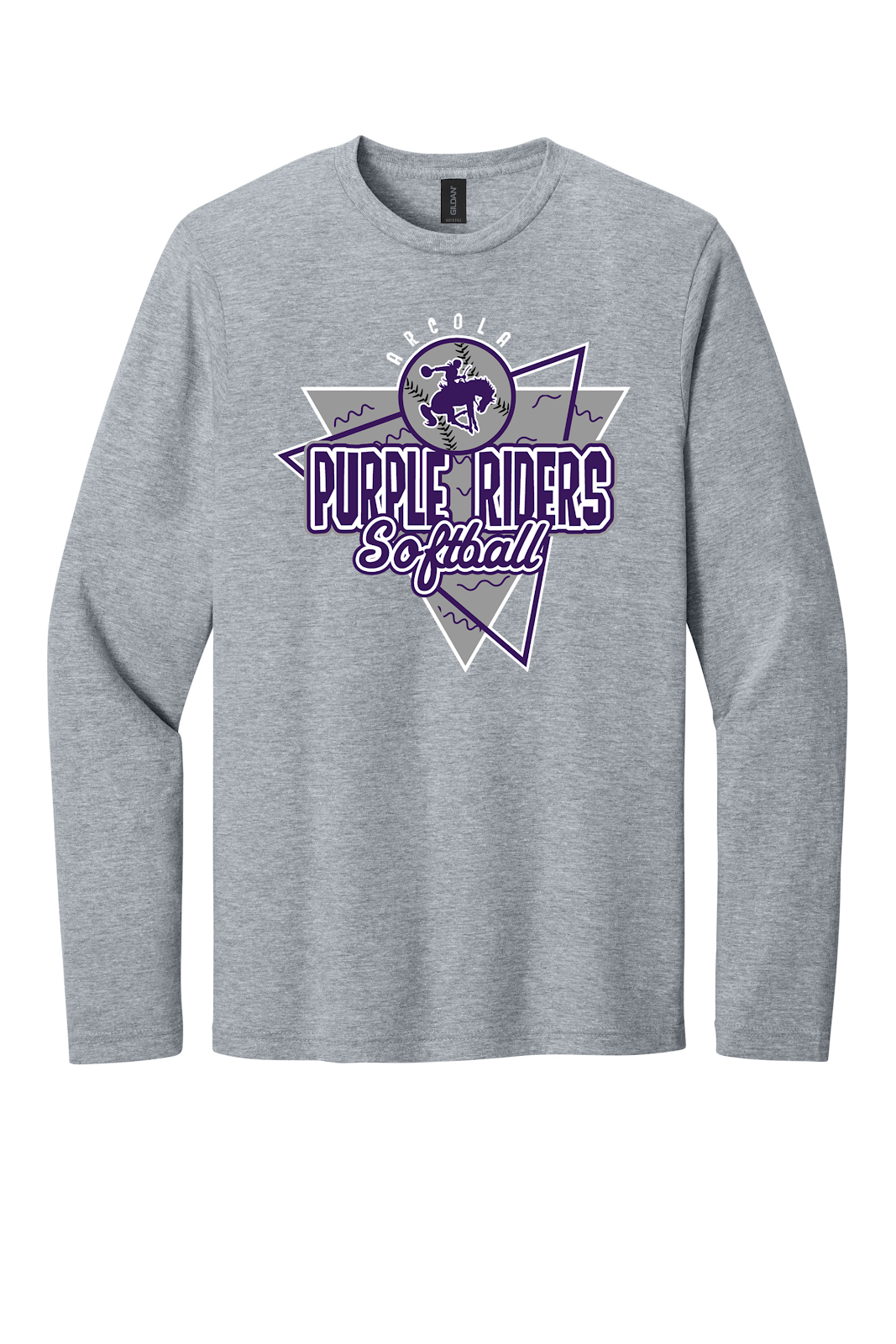 Arcola Purple Riders - Softball - Design 01 - Long Sleeve T - Gildan 64400 - Sport Grey - Flat Front