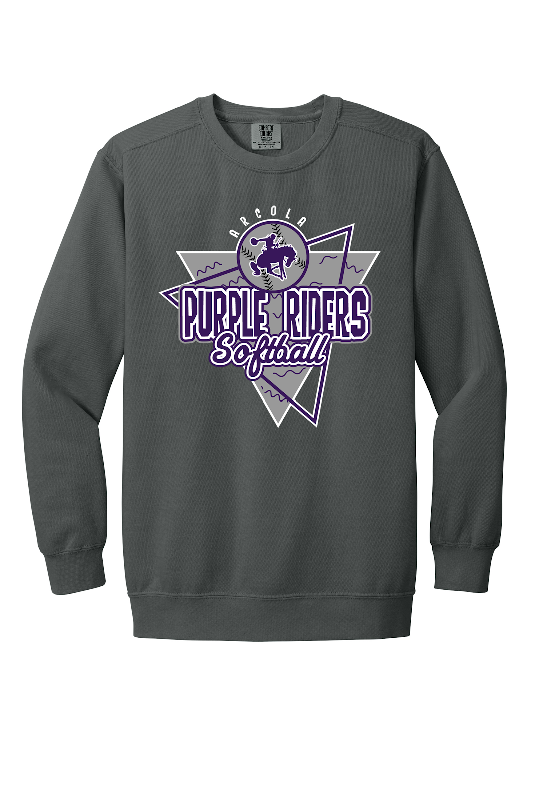 Arcola Purple Riders - Softball - Design 01 - Crewneck Sweatshirt - Comfort Colors 1566 - Pepper - Flat Front