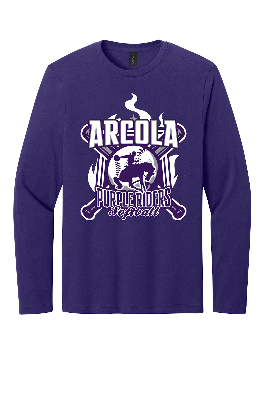 Arcola Purple Riders - Softball - Design 05 - Long Sleeve T - Gildan 64400 - Purple - Flat Front
