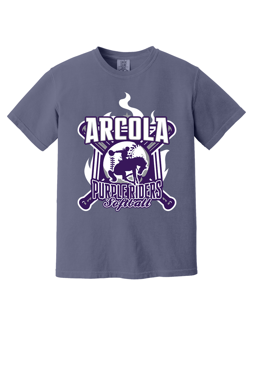 Arcola Purple Riders - Softball - Design 05 - T-Shirt - Comfort Colors 1717 - Grape - Flat Front