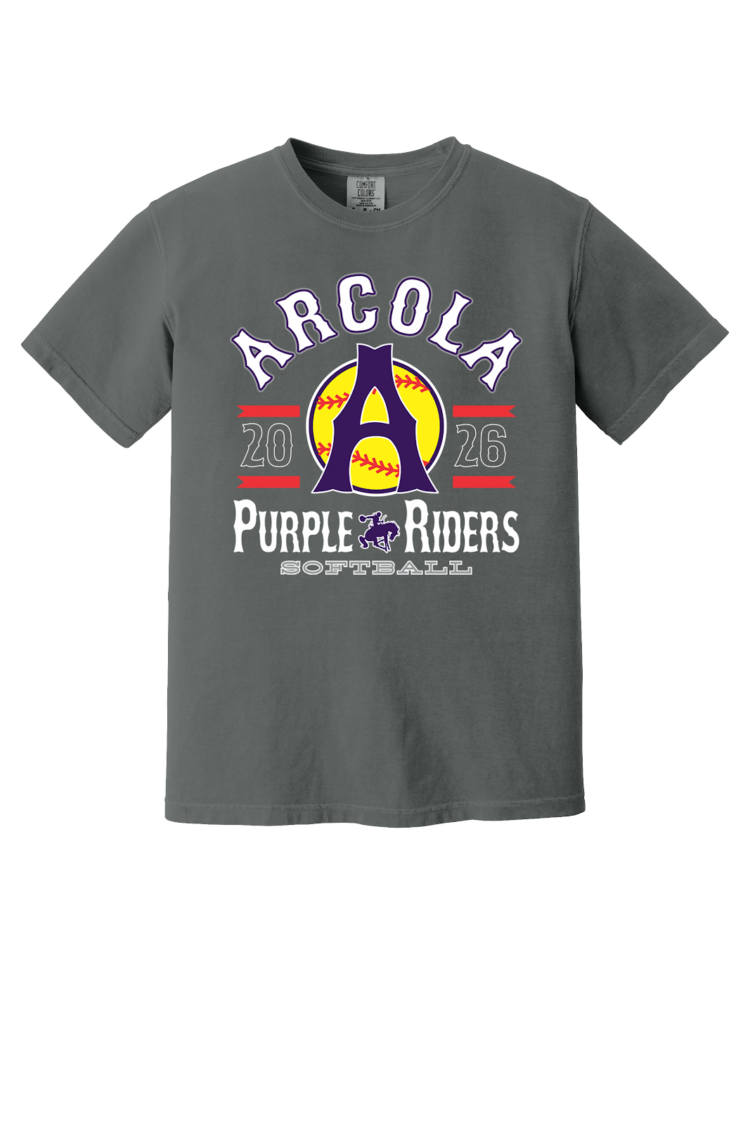 Arcola Purple Riders - Softball - Design 04 - T-Shirt - Comfort Colors 1717 - Pepper - Flat Front