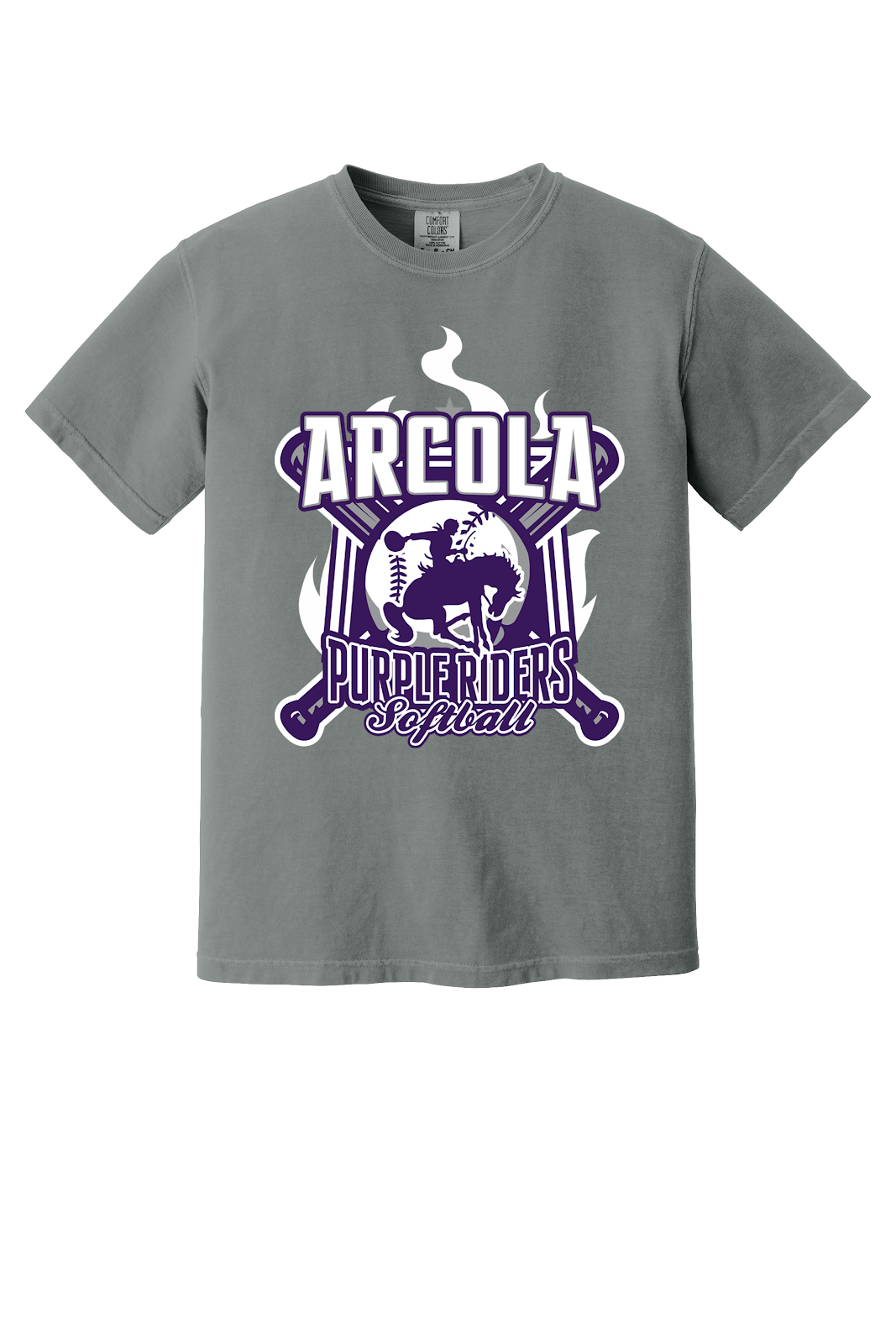 Arcola Purple Riders - Softball - Design 05 - T-Shirt - Comfort Colors 1717 - Grey - Flat Front