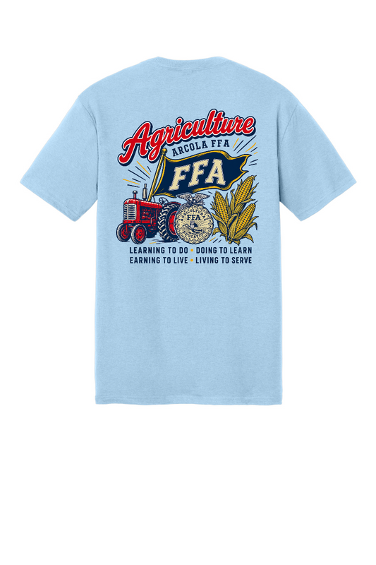 Arcola FFA Agriculture design, back of Ice Blue tee
