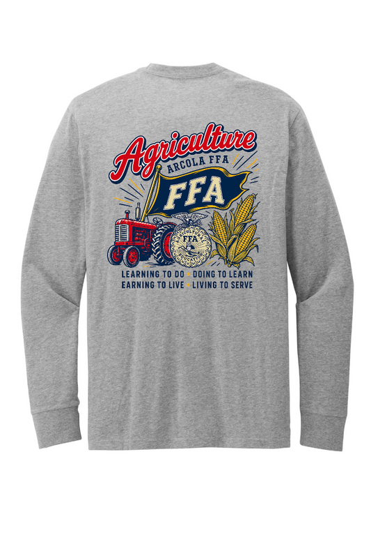 Arcola FFA Agriculture design, back of Light Heather Grey long sleeve tee