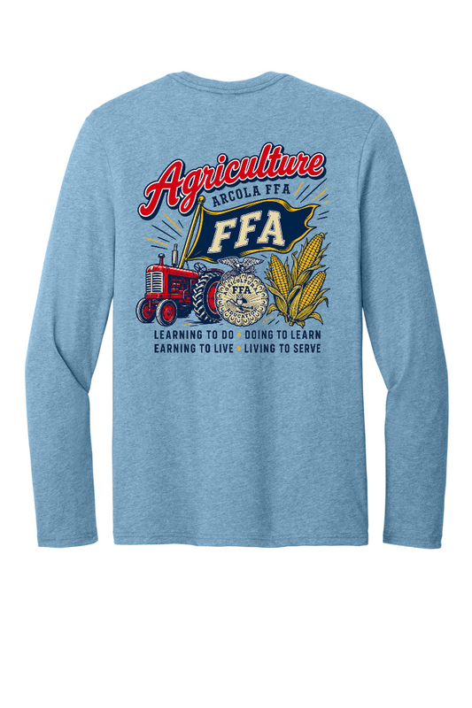 Arcola FFA Agriculture design, back of Tundra Blue Heather long sleeve tee