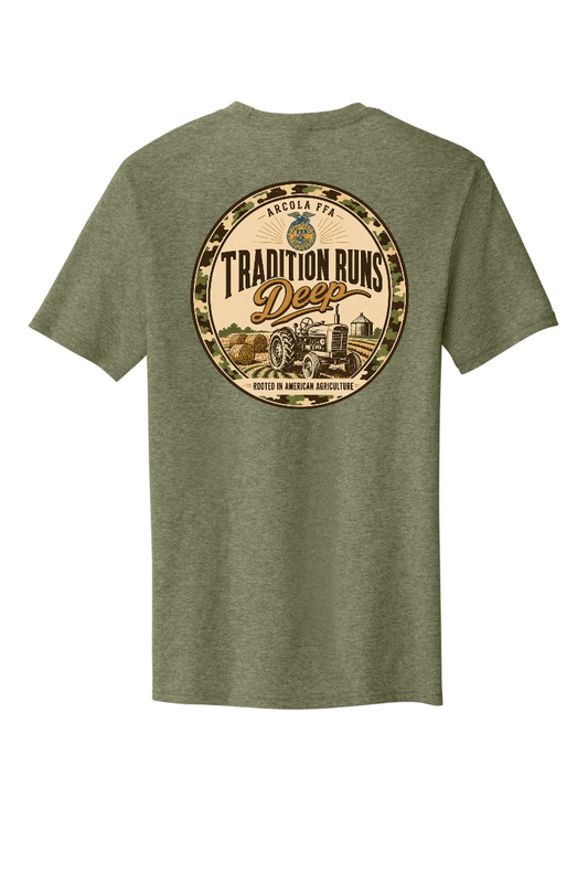 Arcola FFA Tradition Runs Deep design, back of Military Green Frost tee