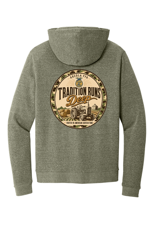 Arcola FFA Tradition Runs Deep design, back of Military Green Frost pullover hoodie