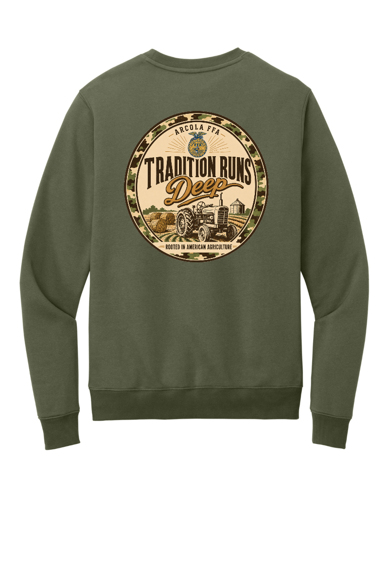 Arcola FFA Tradition Runs Deep design, back of Military Green crew