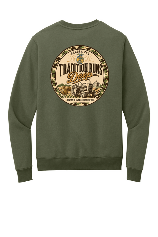 Arcola FFA Tradition Runs Deep design, back of Military Green crew