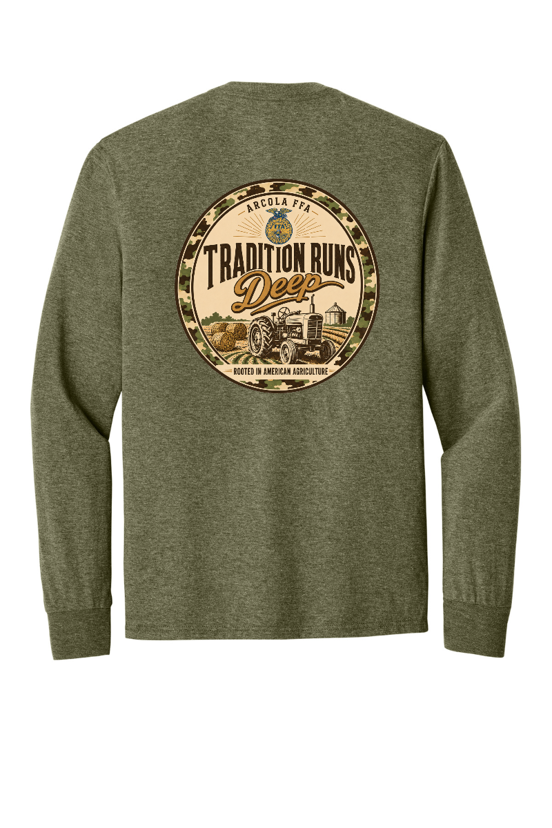 Arcola FFA Tradition Runs Deep design, back of Military Green Frost long sleeve tee
