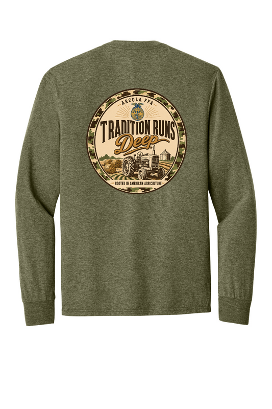 Arcola FFA Tradition Runs Deep design, back of Military Green Frost long sleeve tee