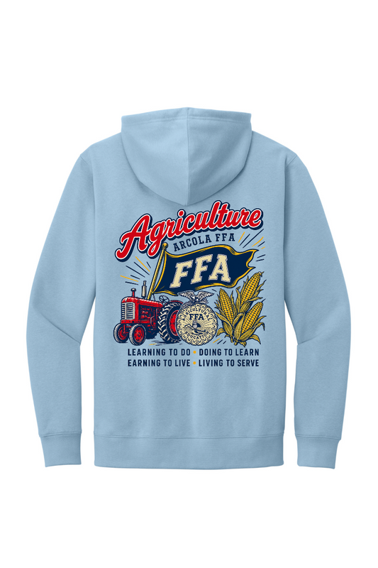 Arcola FFA Agriculture design, back of Ice Blue hoodie